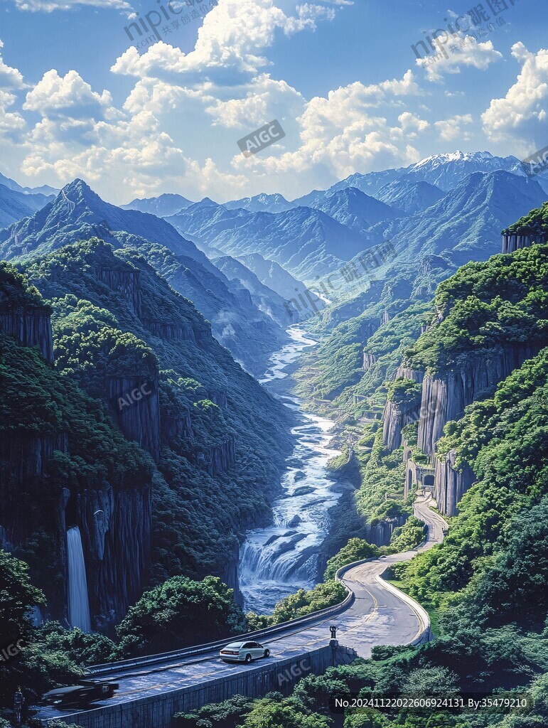 蜿蜒河流山間道路