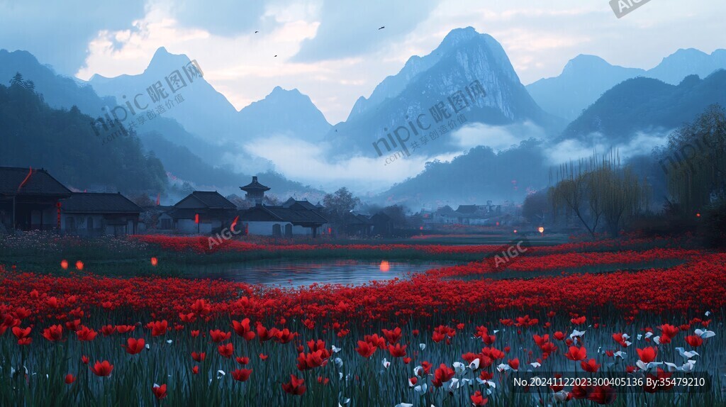 花海遠山云霧