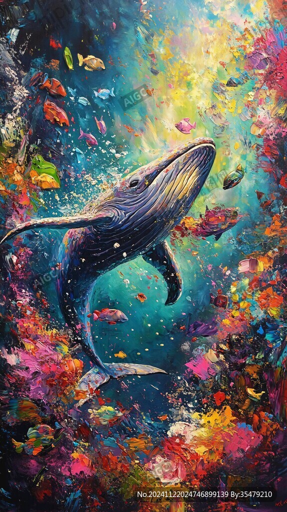 手繪彩色鯨魚裝飾畫