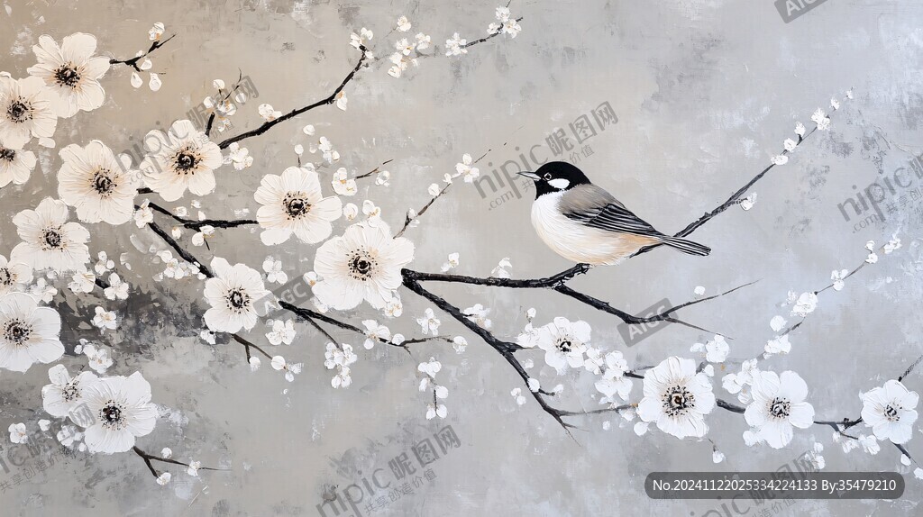 梅花花鳥背景墻藍鵲