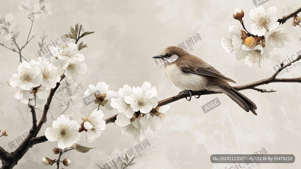 手繪梅花花鳥壁畫
