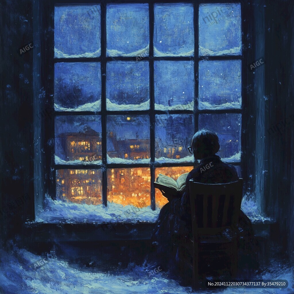 女孩看窗外雪景
