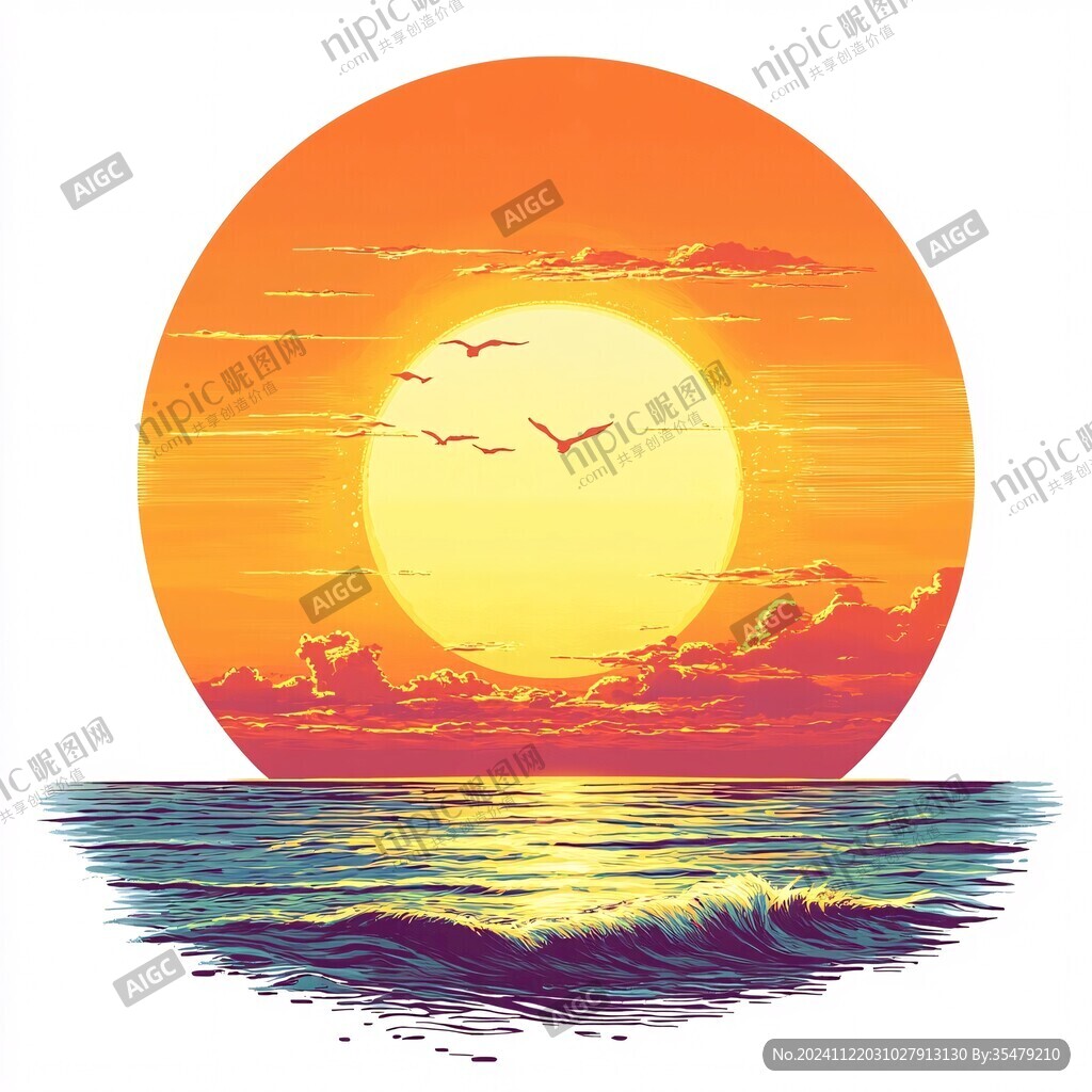 手繪海浪旭日東升