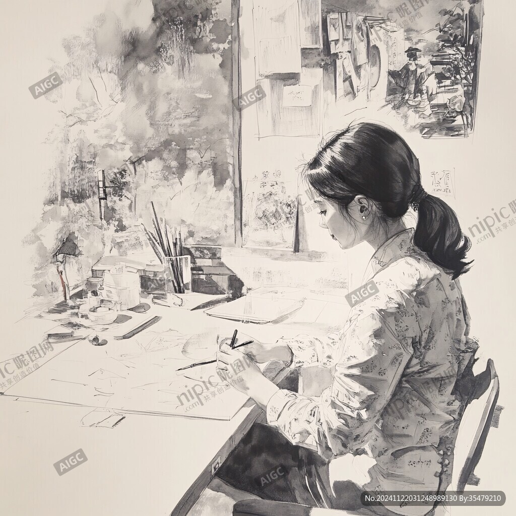 手繪清純女孩生活場景