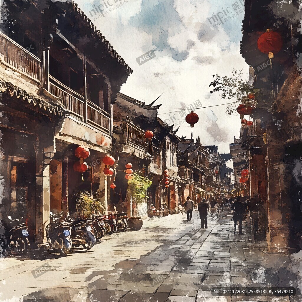 古街水彩畫