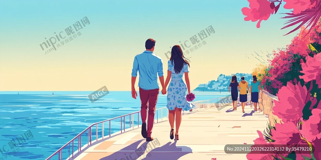 海邊漫步的情侶