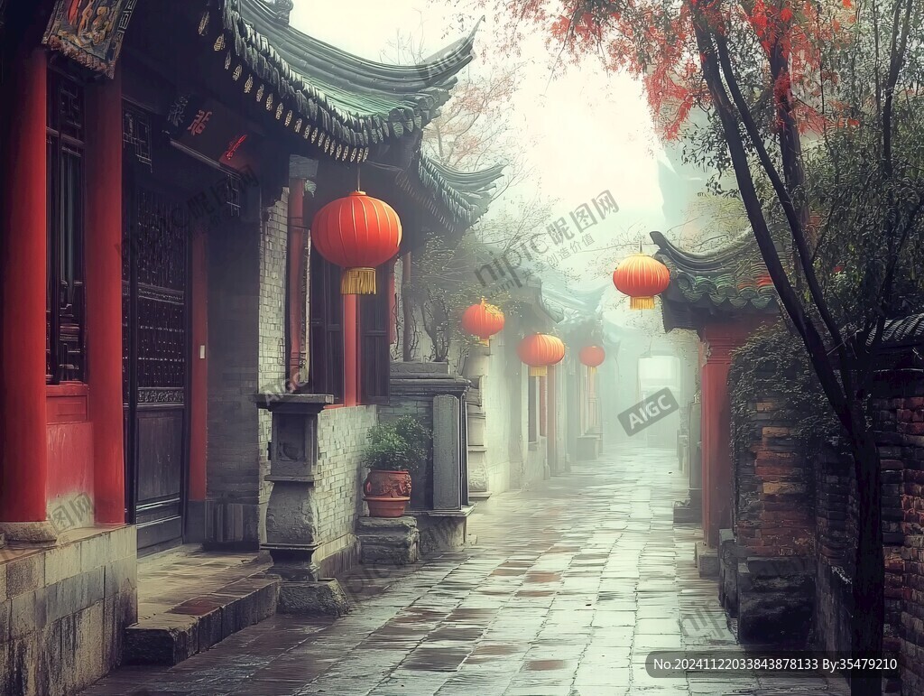 中式古代建筑雨景
