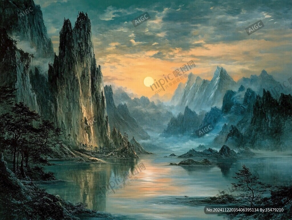 山水夕陽油畫