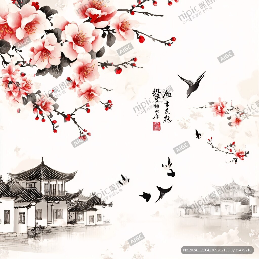 仙鶴梅樓閣背景墻