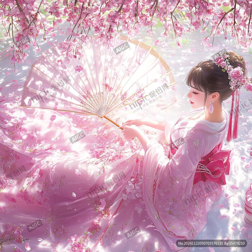 桃花拿古扇美人