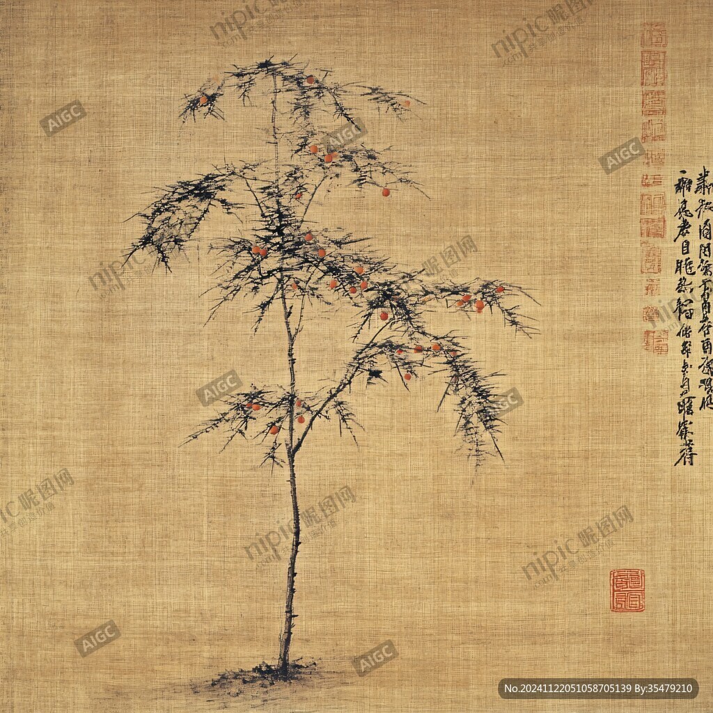 秋樹修篁圖