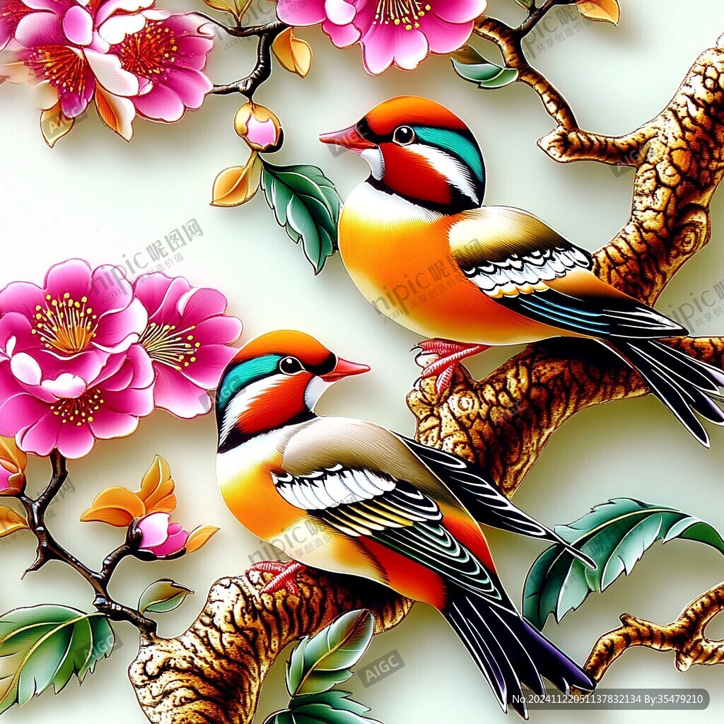 手繪梅花花鳥壁畫
