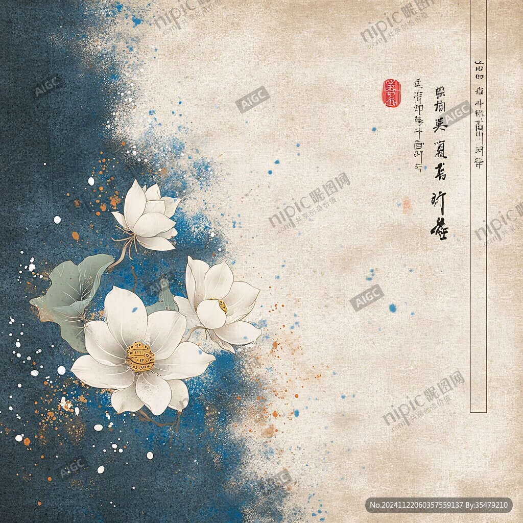 深藍背景荷花圖