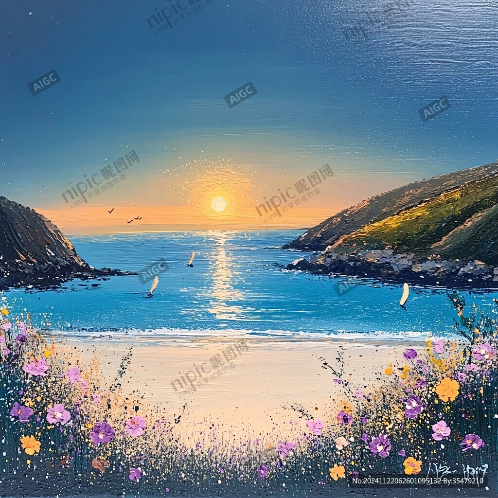 海邊日落油畫