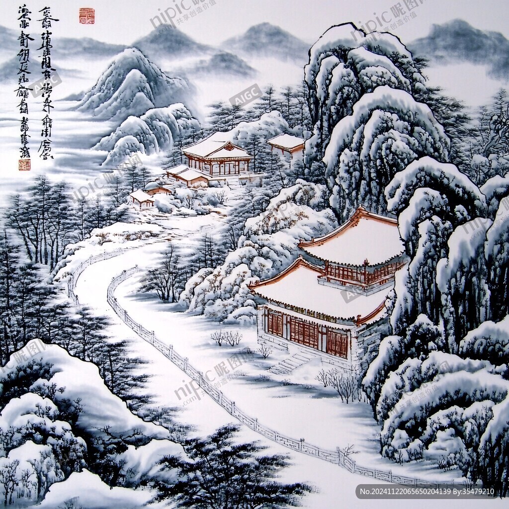 工筆手繪雪景圖