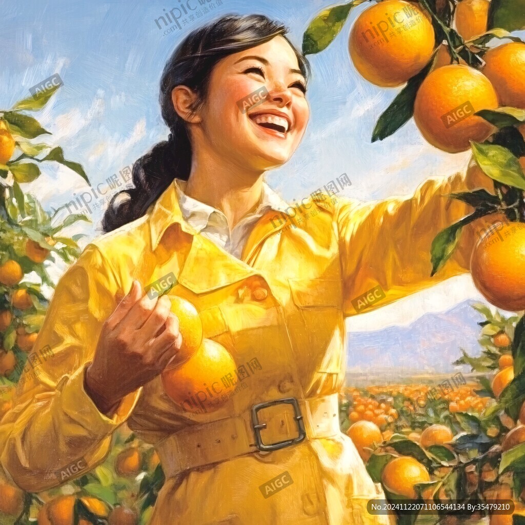 采柑果女孩插畫