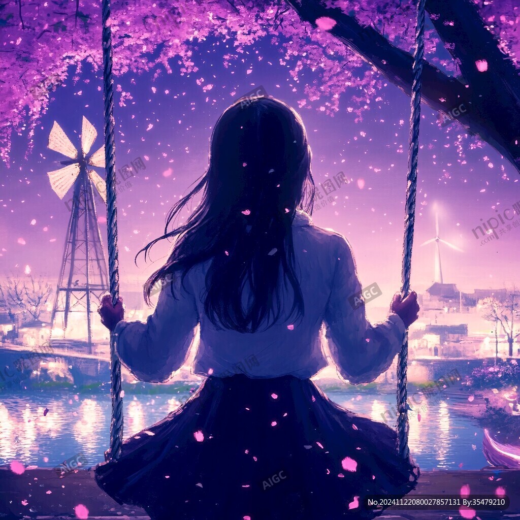 櫻花樹下坐秋千的女孩