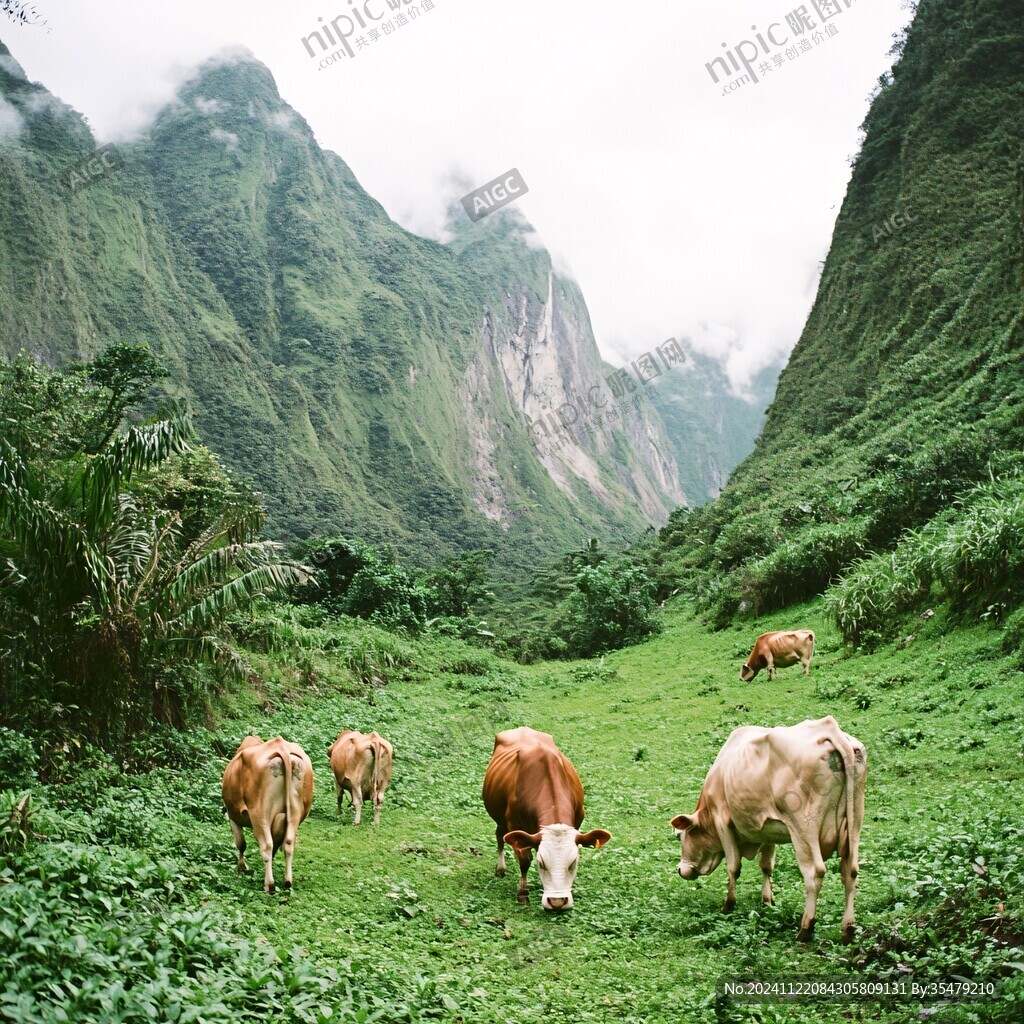 牛兒在山坡吃草