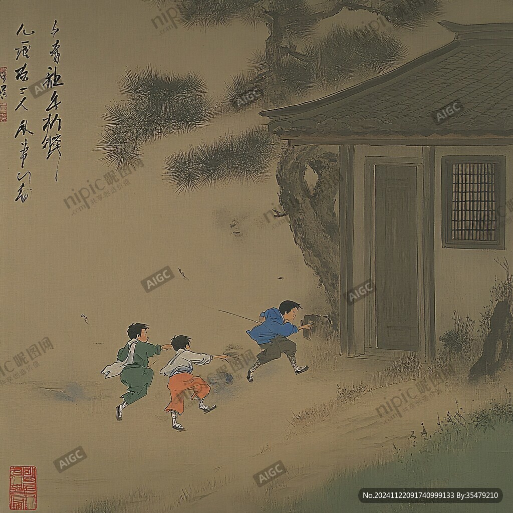 工筆兒童嬉戲