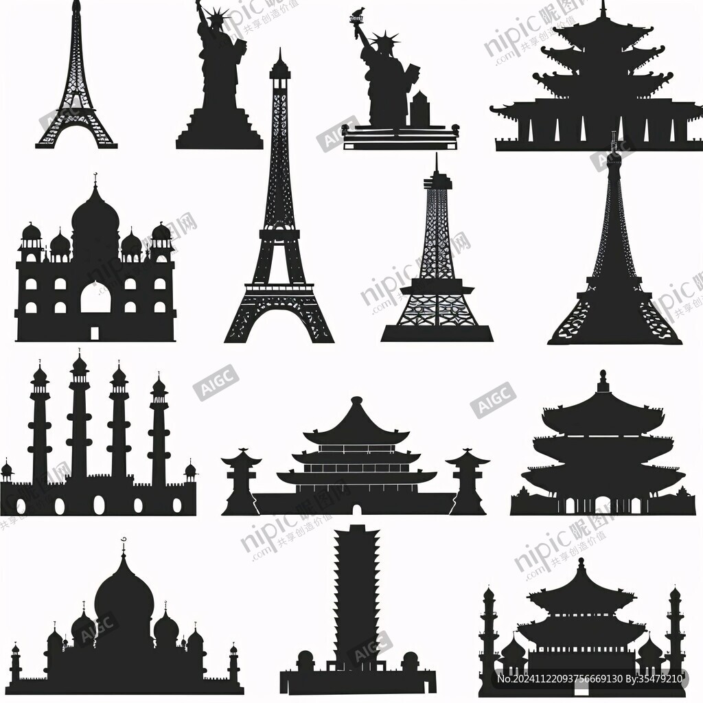 世界建筑插畫剪影