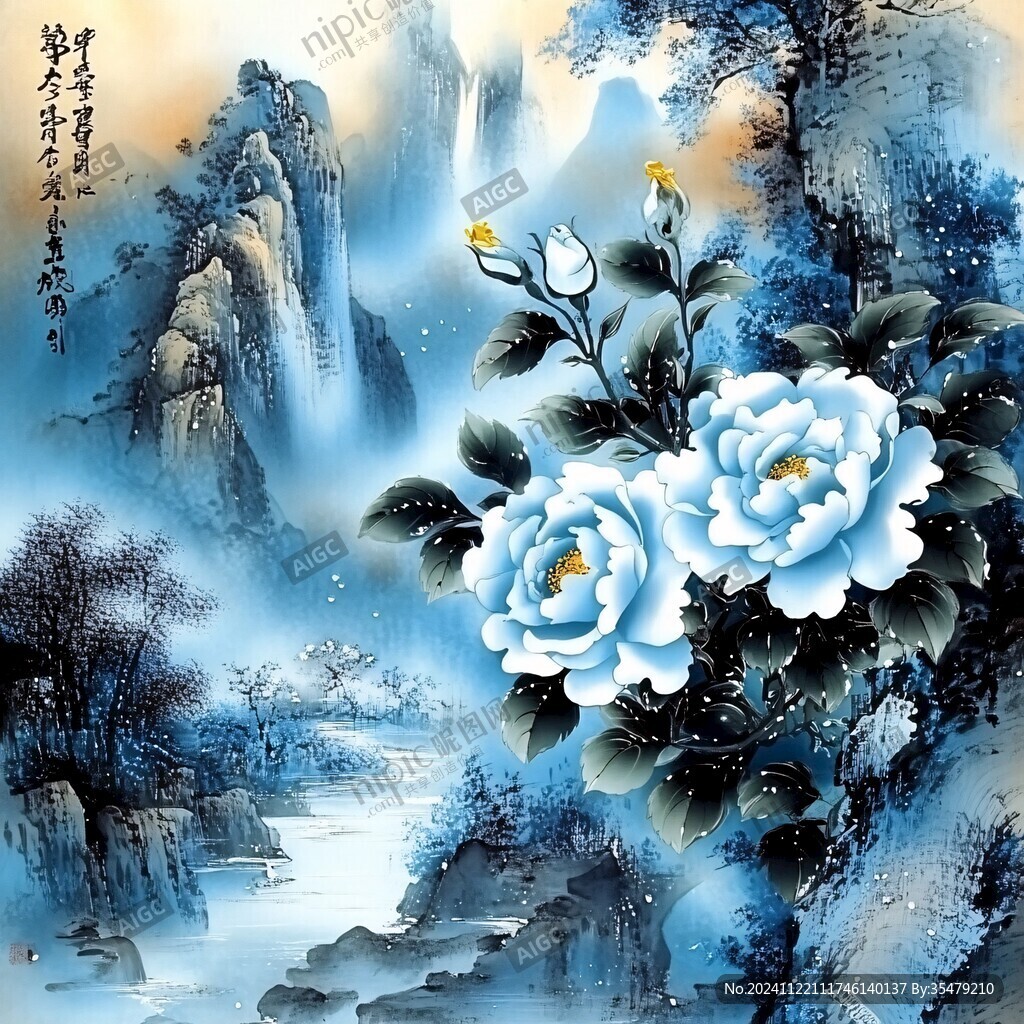 藍(lán)色唯美牡丹裝飾畫(huà)