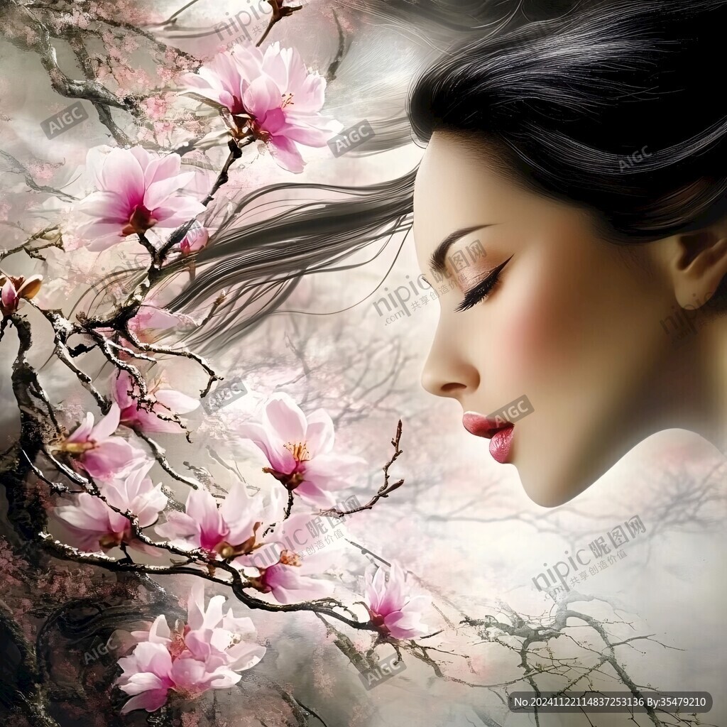 手繪桃花美女