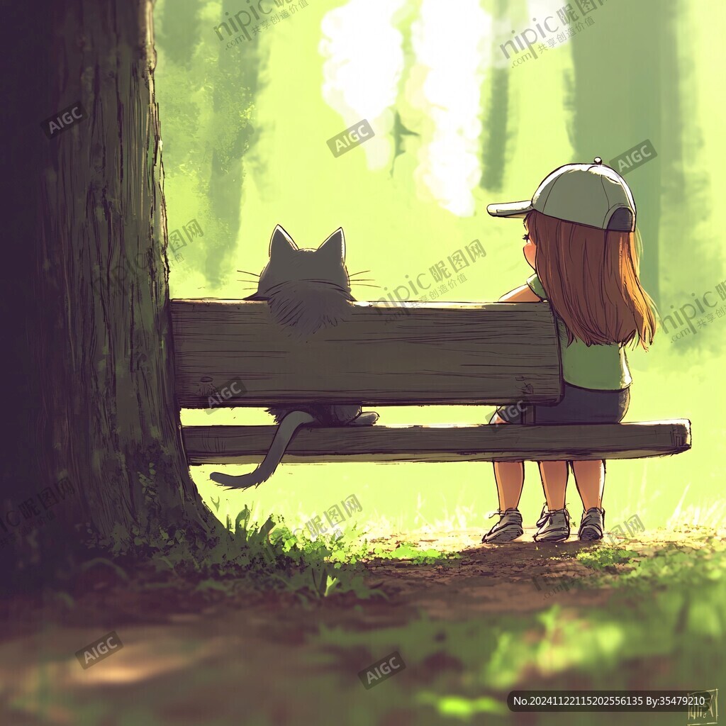 擼貓少女插畫
