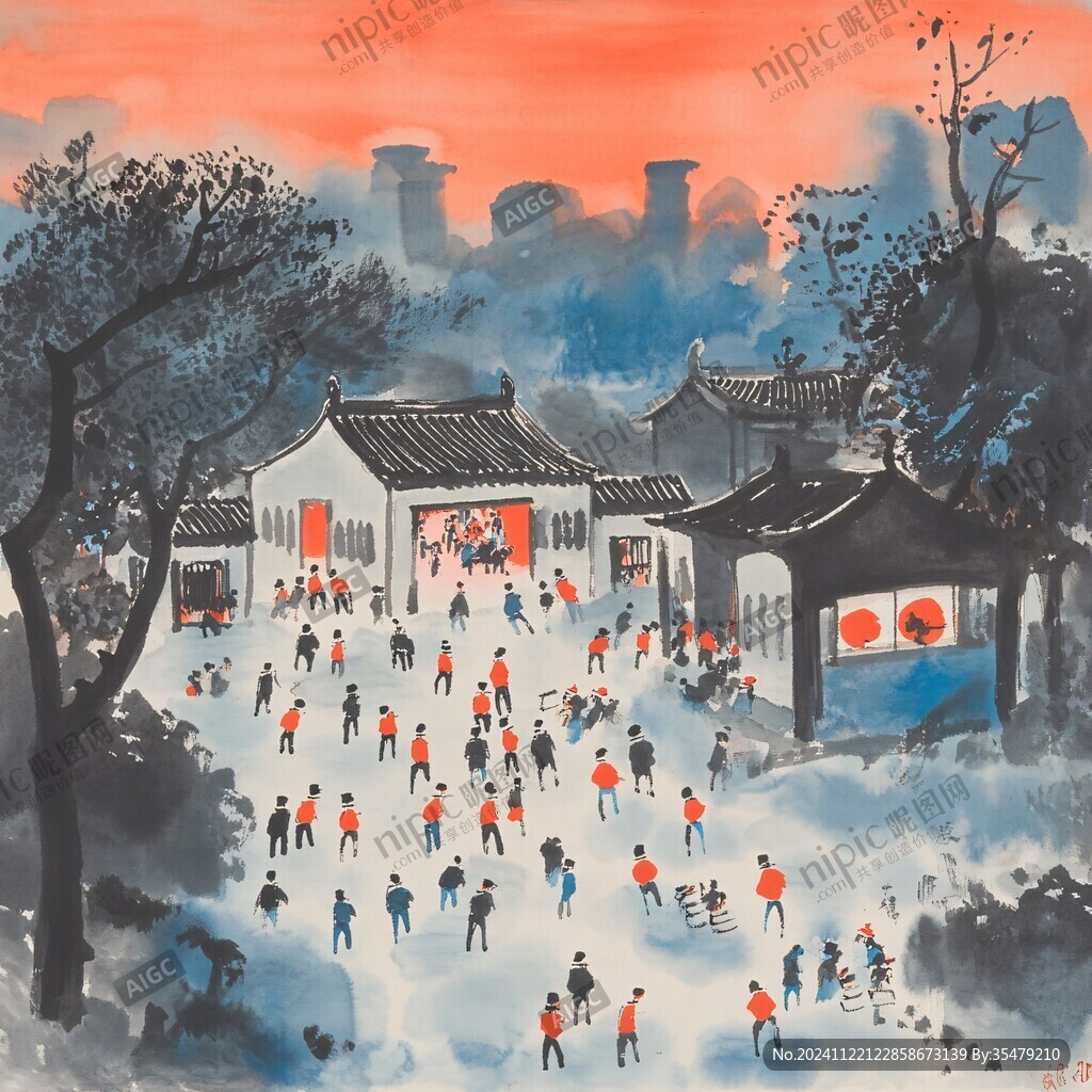 紅色同里插畫同里水彩
