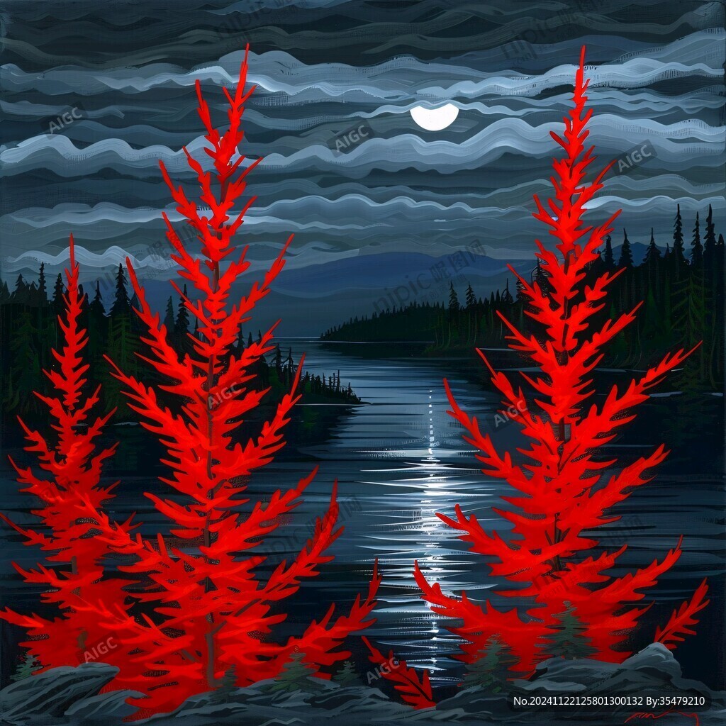 插畫夜景湖泊