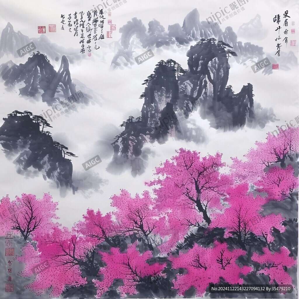 水墨映山紅
