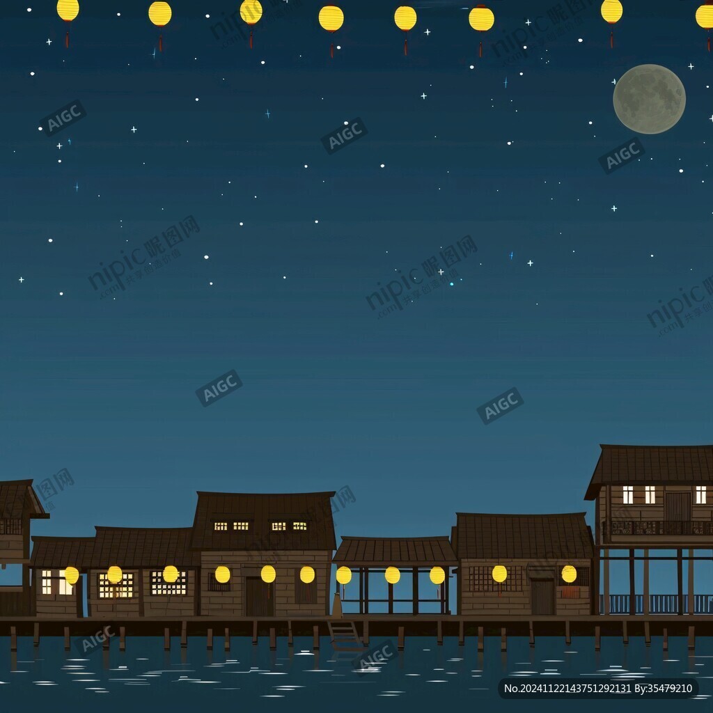 中秋夜晚古鎮(zhèn)夜景