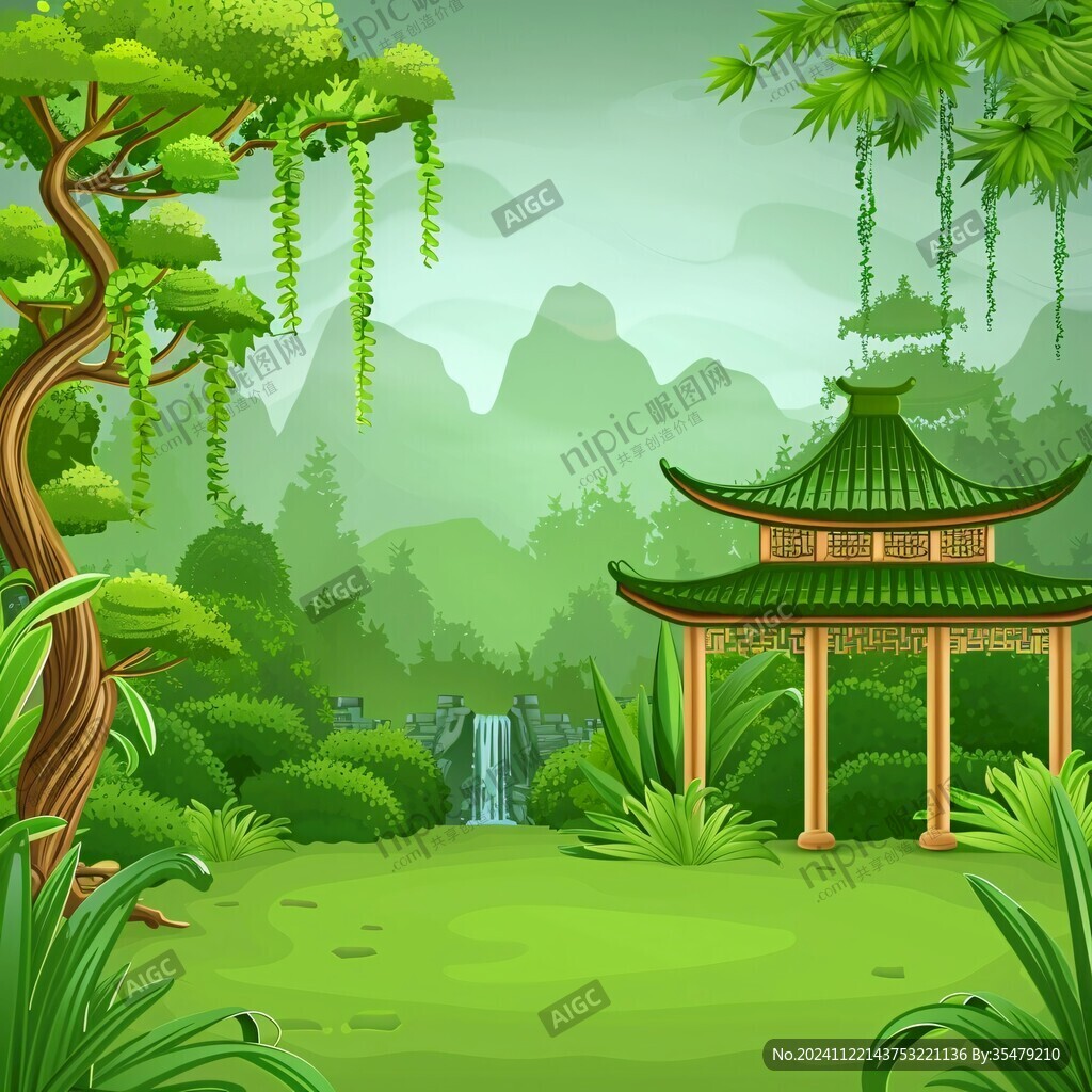 亭臺樓閣綠色背景