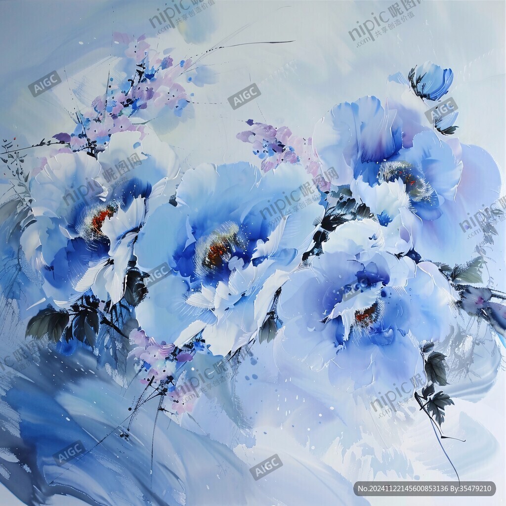 藍(lán)色唯美牡丹裝飾畫