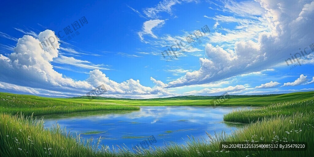 藍天白云草地湖泊