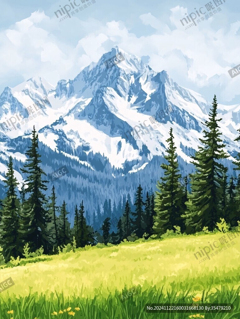 手繪森林山峰草地