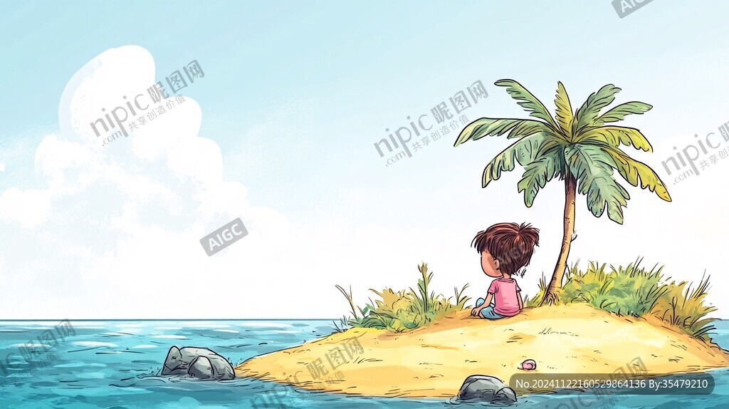 唯美小女孩海邊插畫