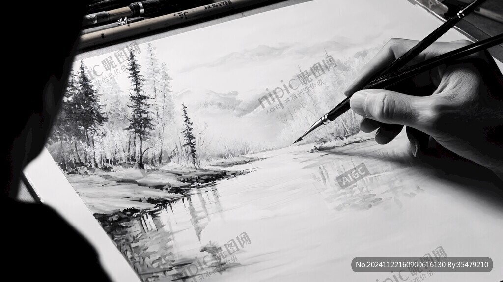 鉛筆素描水墨山水