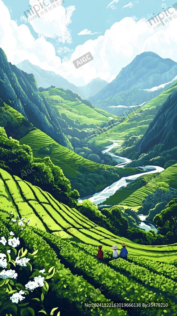 茶園風光插畫