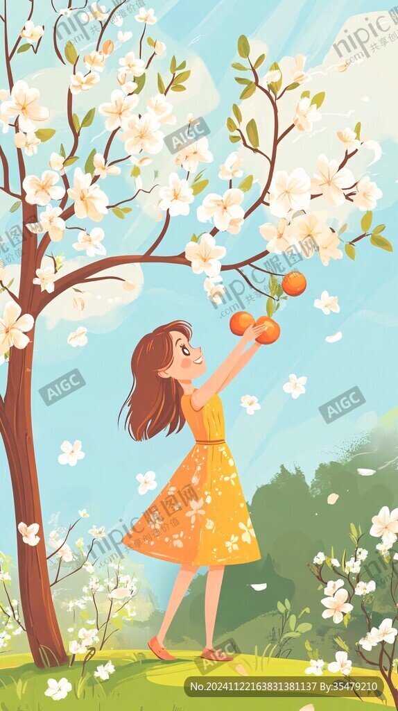 小女孩摘蘋果插畫