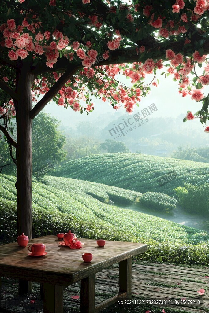 櫻花樹下的茶園