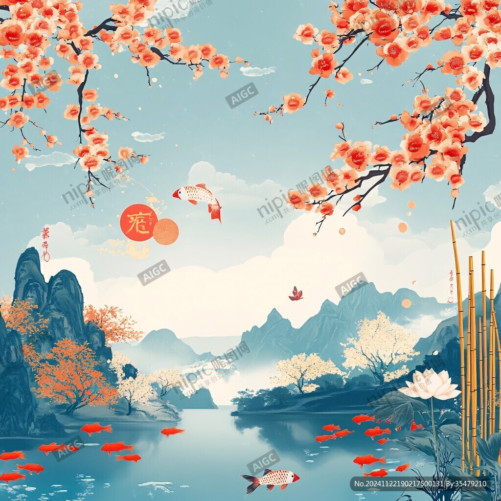 新中式山水銀杏葉花鳥