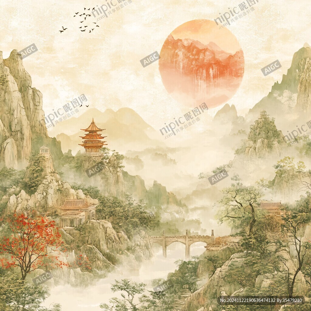 旭日東升樓閣山水畫
