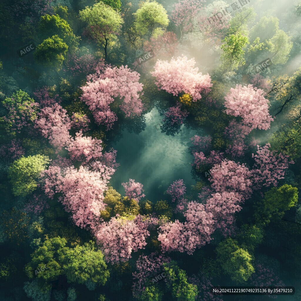 航拍森林湖泊杜鵑花