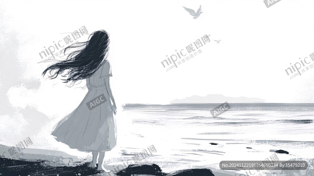 夏天看海美女背影插畫