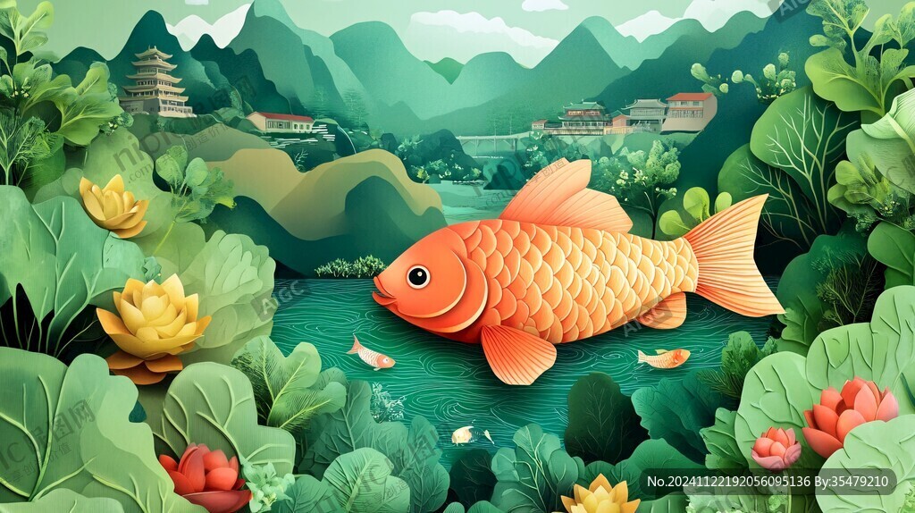 鯉魚荷花插畫