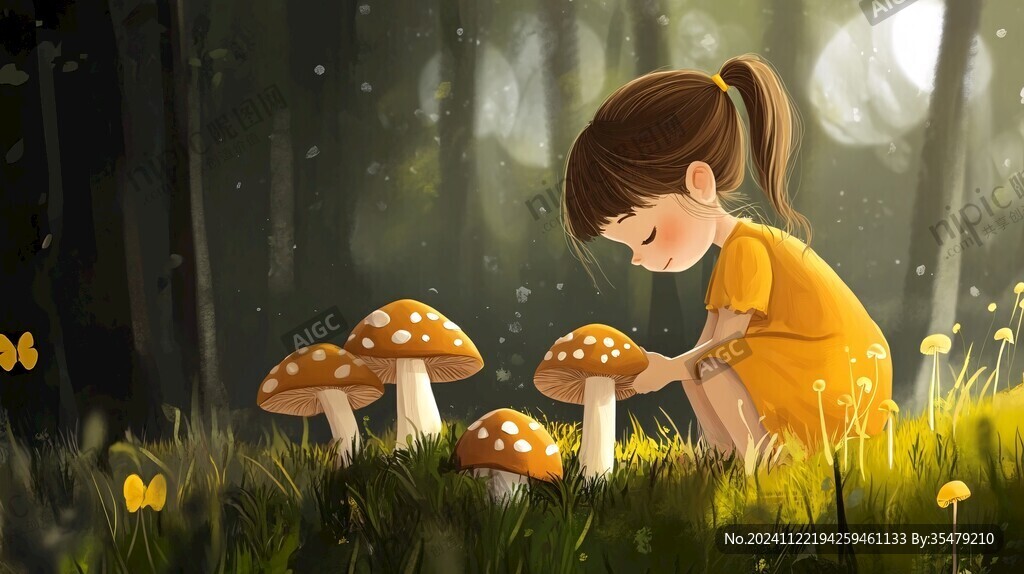 采蘑菇的小姑娘插畫