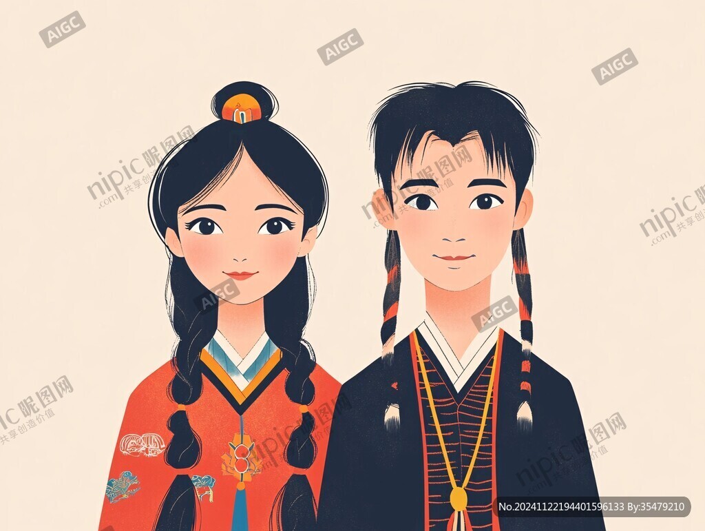 普米族人物情侶插畫