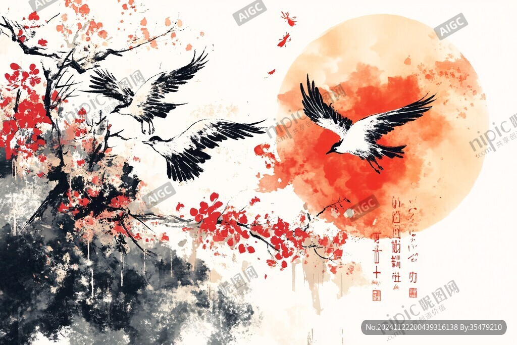 紅葉古風古典花鳥