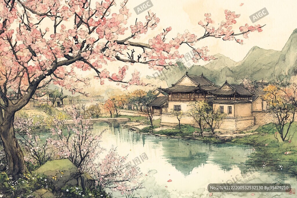 桃花源記古風(fēng)山水插畫(huà)