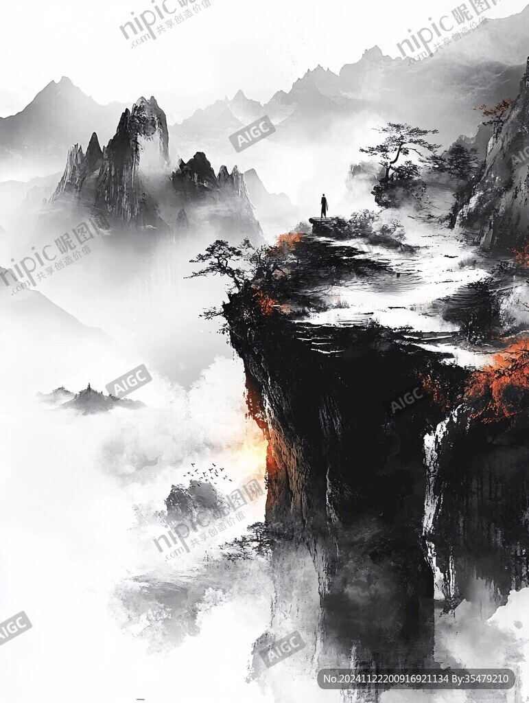 墨韻禪意山峰云霧